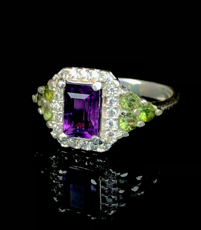 Sterling Silver Amethyst & Peridot Halo Ring - Image 2